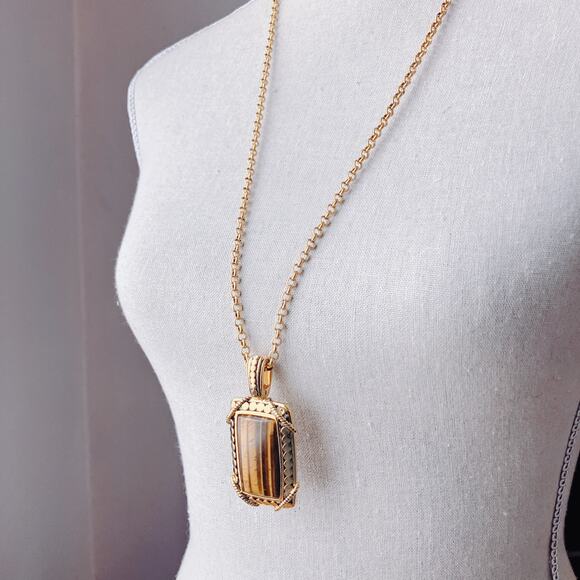 Signed Joan Rivers Tiger Eye Hinged Bail Pendant Gold Tone Necklace 33" Vintage - Picture 2 of 14